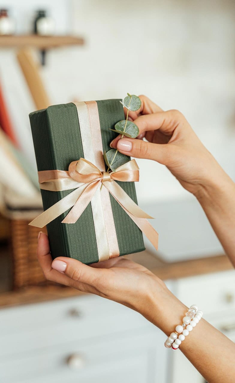 Hands holding a gift box wrapped in green paper with a peach satin ribbon